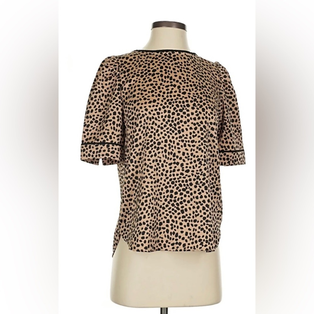 LOFT Tan Leopard Print Short Sleeve Blouse with Black Trim